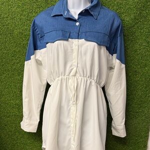 Blue and White Button-Up Shirt Dress
